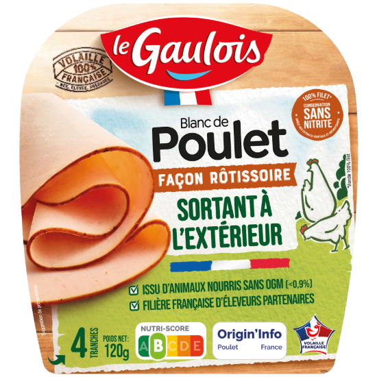 Visuel du packaging BLANC DE POULET SORTANT À L'EXTÉRIEUR FAÇON RÔTISSOIRE 4 TRANCHES Le Gaulois