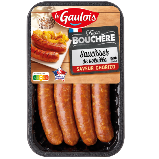 Visuel du packaging SAUCISSES DE VOLAILLE FACON BOUCHERE SAVEUR CHORIZO X4 Le Gaulois
